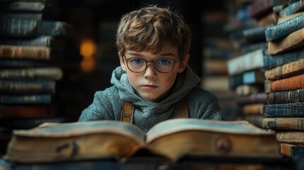 Young boy immersed in the world of books, surrounded by stacks of knowledge