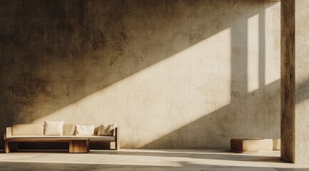 Minimalist, sunlit room with beige couch