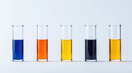 Five test tubes filled with colorful liquids-blue, orange, yellow, black, and yellow-are arranged in a row on a white background.