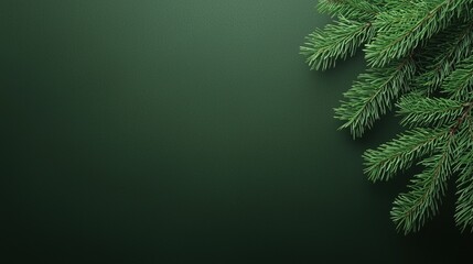Green pine branches in the top right corner on a dark green textured background.