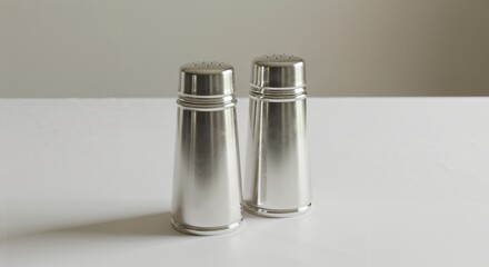 A pair of modern stainless steel salt and pepper shakers with perforated tops displayed on a clean white surface.