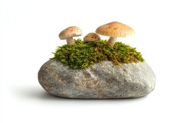 Three mushrooms growing on moss covered rock against white background