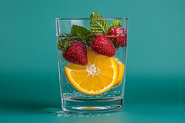 Refreshing summer drink with strawberries, orange slices and mint in a glass.  Perfect for health, wellness, and summer themes.