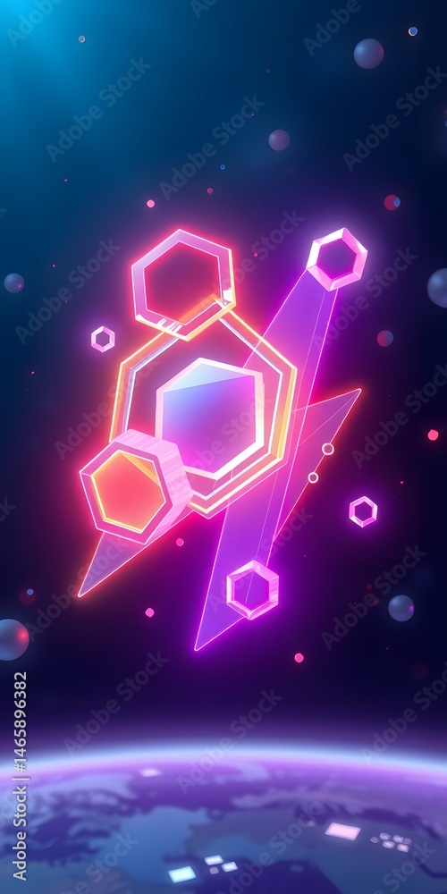 Fototapete Futuristic Elements Float, Glow Brightly In Deep Space, Sharp Shapes Illuminate. A Modern Design Of Floating Objects. Abstract Technology, Conceptual Artwork, Innovation Visual.