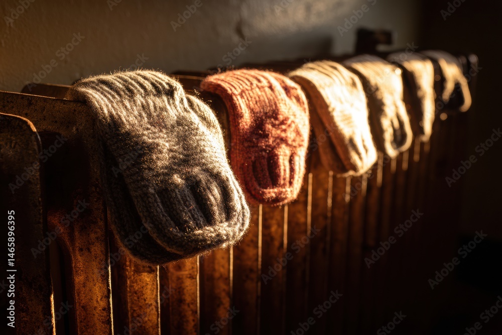 Poster wool mittens dry on an old radiator, illuminated by warm backlight during a cozy afternoon generativ