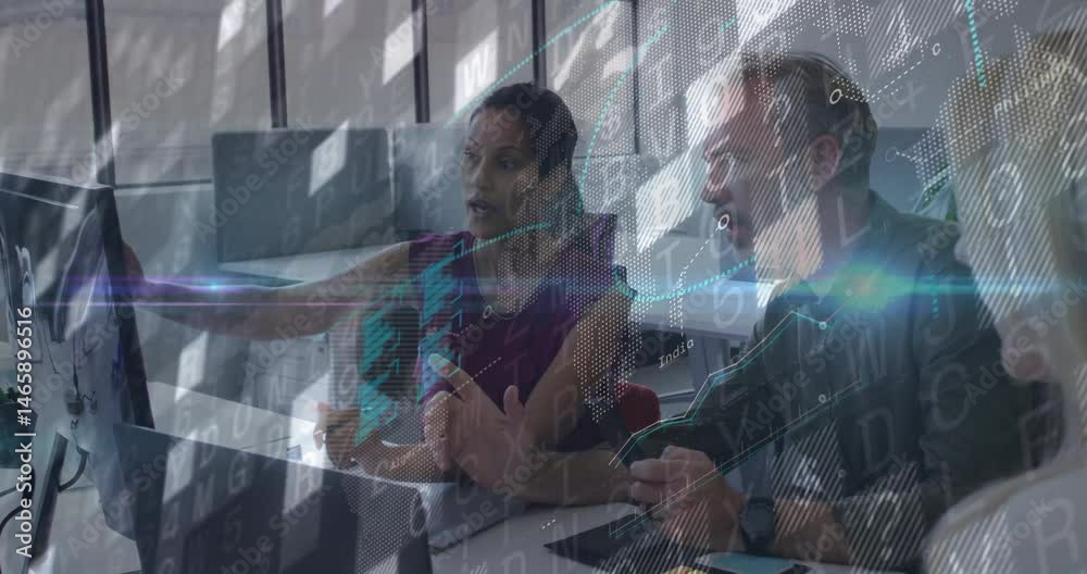 Poster three colleagues collaborating around monitor in tech office, integrating animated data overlay