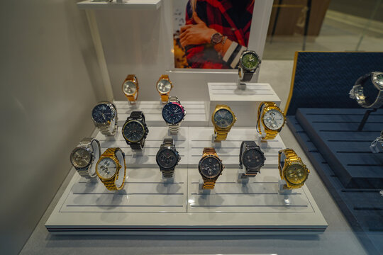 Thessaloniki , Greece , 03 04 2025 : brand watches on disply in vitrine