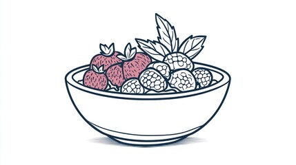 Hand-drawn bowl of berries, healthy breakfast