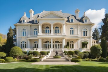 A grand yellow mansion featuring a spacious porch and stone foundation.