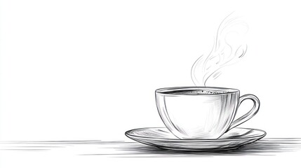 Hand-drawn illustration of a cup of hot coffee on a saucer