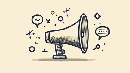 Hand-drawn megaphone with abstract elements, conveying communication, design, and creativity. Possible use Stock photo for graphic design, marketing, and social media