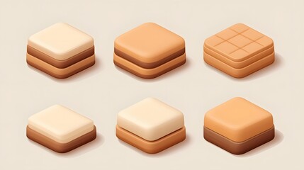 Isometric View Six Delicious Brown Beige Cream Cakes