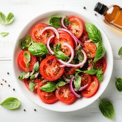 Tomato salad with basil and onion on a white background