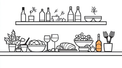Kitchen Shelf with Food and Drink Items - Simple Line Art Illustration