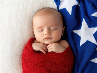 peaceful baby sleeps wrapped in a red blanket, next to a blue cloth with white stars.