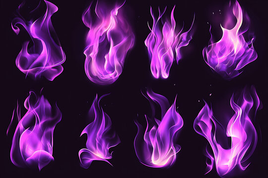 Vibrant purple flame graphics showcasing various shapes and movements against a dark background