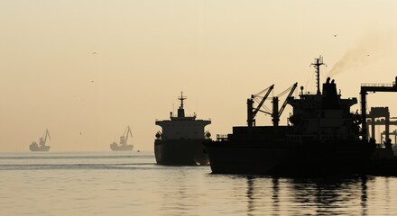 Obraz premium Silhouette of cargo ships and cranes at a hazy port during sunrise or sunset, reflecting on calm water