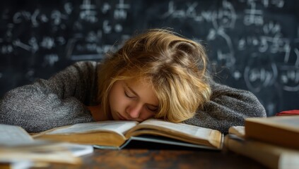 Student asleep on book with mathematics background