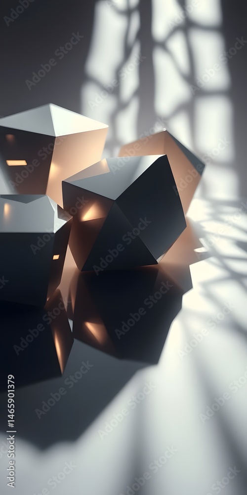 Fototapete Abstract Three-dimensional Shapes, Geometric Forms And Light. Reflective Surfaces Create Abstract Shadows. Bright Light Illuminates Shapes. Artistic Rendering.