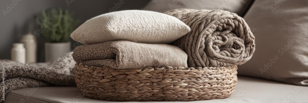Poster Cozy Arrangement of Folded Blanket and Pillows in Woven Basket on Soft Couch in a Relaxed Living Space Generative AI