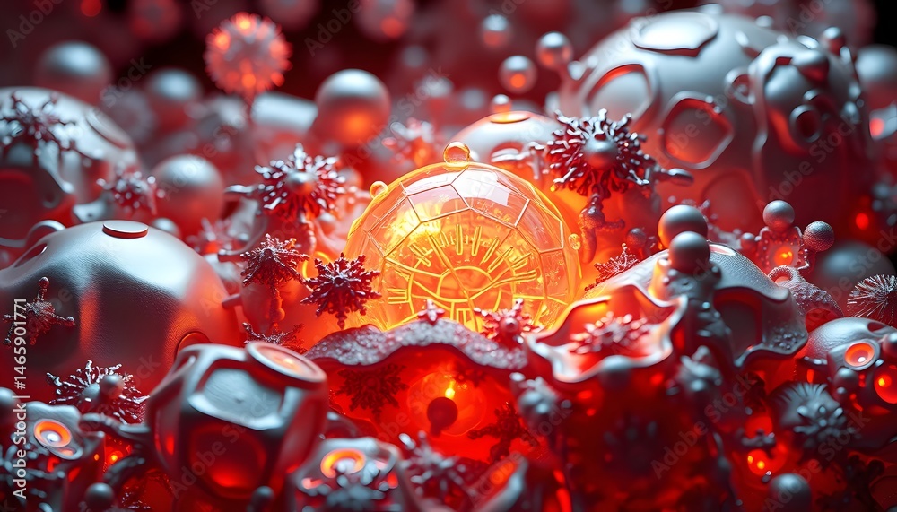 Poster Abstract Three Dimensional Shapes, Digital Art With Glowing Light, Intricate Details Create A Mesmerizing Design, Perfect For Backgrounds. Futuristic And Modern. Visual Communication Concept.