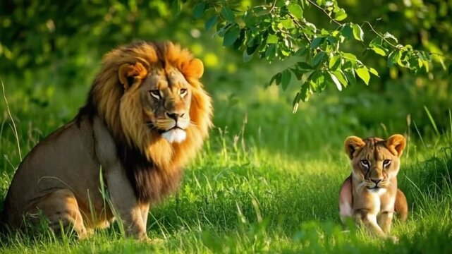 Majestic Lion Resting on Lush Green Grass with Powerful Gaze, Accompanied by Lion Cub in Serene Natural Environment, Detailed Lighting and Vibrant Colors in Highly Realistic Award-Winning , video 
