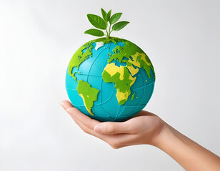 Sustainable Earth in Hand – 3D Eco-Friendly Concept with Growing Plant on White Background, No 303