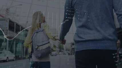 Couple walking down city street, showcasing floating line graphs and percentage figures for finance