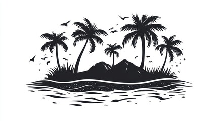 Silhouette tropical island with palm trees, birds, and mountains.  Possible use for postcards or travel brochures