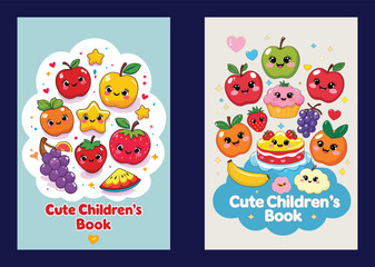 Fototapeta premium Cute Childrens Books With Cartoon Fruits And Desserts Illustrations