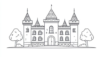 Obraz premium Simple outline drawing of a medieval castle with trees