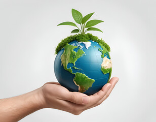 Sustainable Earth in Hand – 3D Eco-Friendly Concept with Growing Plant on White Background, No 292