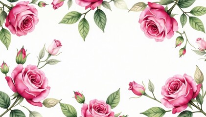 Delicate watercolor roses & leaves, repeating floral pattern , pink, texture