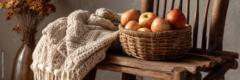 Poster wooden chair with cozy knit throw and a basket of fresh apples in a warm indoor setting generative a