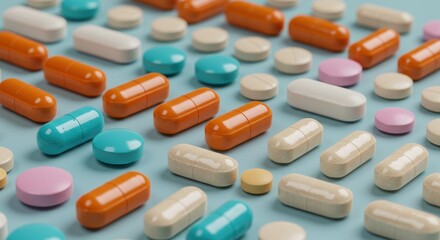 Pills and capsules assortment on light blue surface