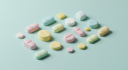 Pastel colored pills and capsules on blue background