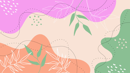 Abstract shapes and leaves in pink green and peach colors. Suitable for backgrounds, posters, prints, and design projects with a soft color palette.