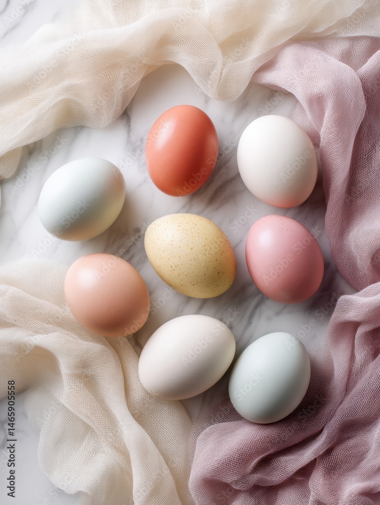 Poster Modern Food Styling With Six Colorful Eggs Arranged on Marble Surface Surrounded by Soft Fabric Generative AI