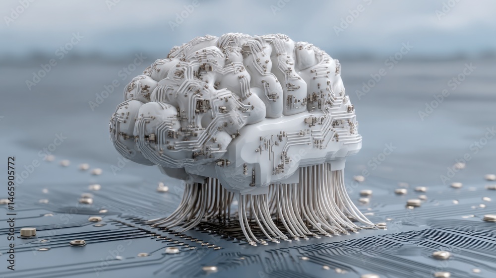Poster brain composed of electronic components illustrating the intersection of deep learning and smart mes