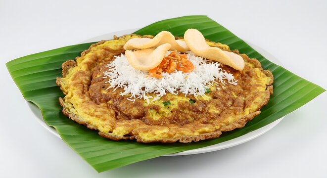 Kerak Telor (Betawi spicy omelette rice dish) served on a banana leaf, isolated on white