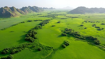 Obraz premium Aerial View of Lush Green Landscape with Mountains and Trees