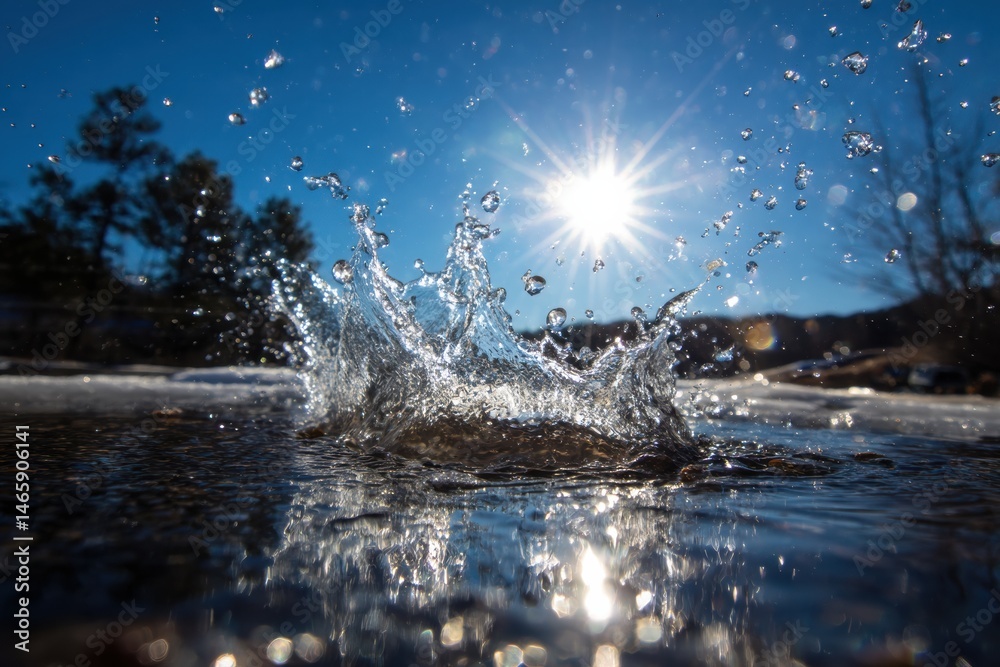 Poster water splash captured midair with sun burst creating a stunning effect against a clear blue sky gene