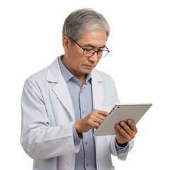 Doctor using tablet computer isolated on transparent background