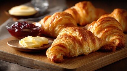 freshly baked croissants on wooden board