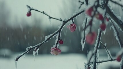 Pink blossoms frosted with ice in snow