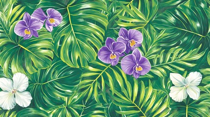 Naklejka premium Lush Tropical Leaves and Orchids Floral Pattern