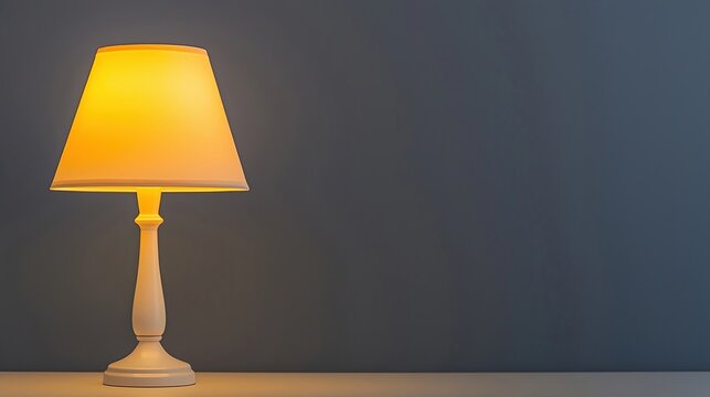 A warm table lamp glows softly against a plain blue wall, creating a cozy, minimalist atmosphere.