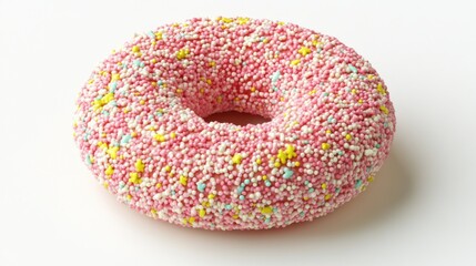 Pink donut, covered in colorful sprinkles