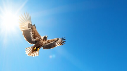 Obraz premium Majestic eagle soaring high in bright blue sky, wings spread. Sunlight streams