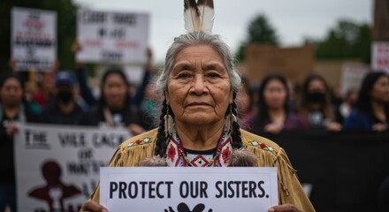 An elderly Indigenous woman holds a sign reading "PROTECT OUR SISTERS" at a protest or rally, advocating for the safety of women.